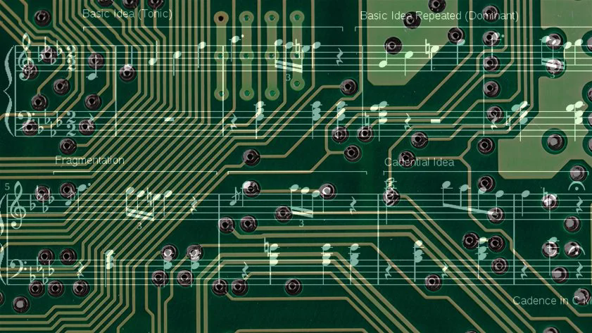 Sheet music superimposed over a circuit board.webp.png