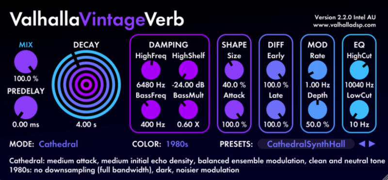 ValhallaDSP VintageVerb 2.2.0, new free update adds Cathedral algorithm